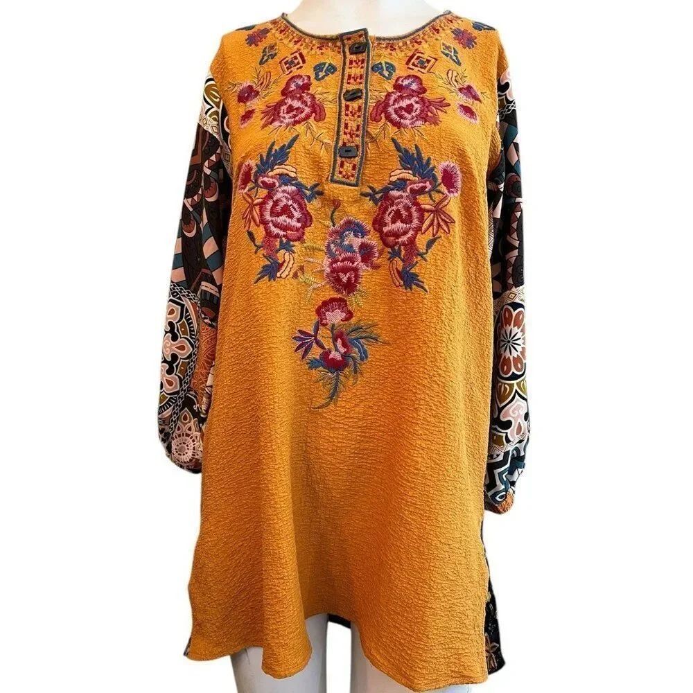 Calessa Medium Mustard Yellow Floral Embroidered Seersucker Tunic or Mini Dress